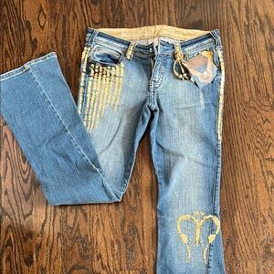 Industrial Cotton Butterfly Sequin Low Rise Flare Y2K Denim